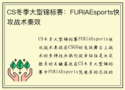 CS冬季大型锦标赛：FURIAEsports快攻战术奏效
