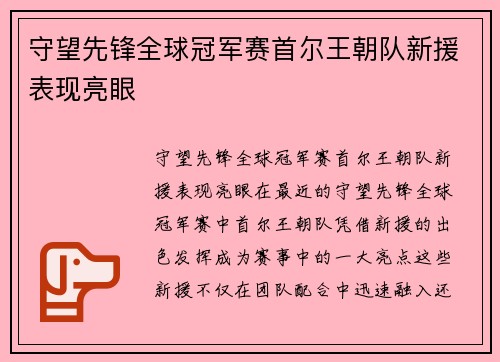 守望先锋全球冠军赛首尔王朝队新援表现亮眼